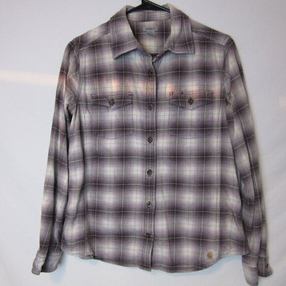 Carhartt Purple Plaid Button Up Shirt Women's Medium Flannel Long Sleeve - Picture 1 of 6